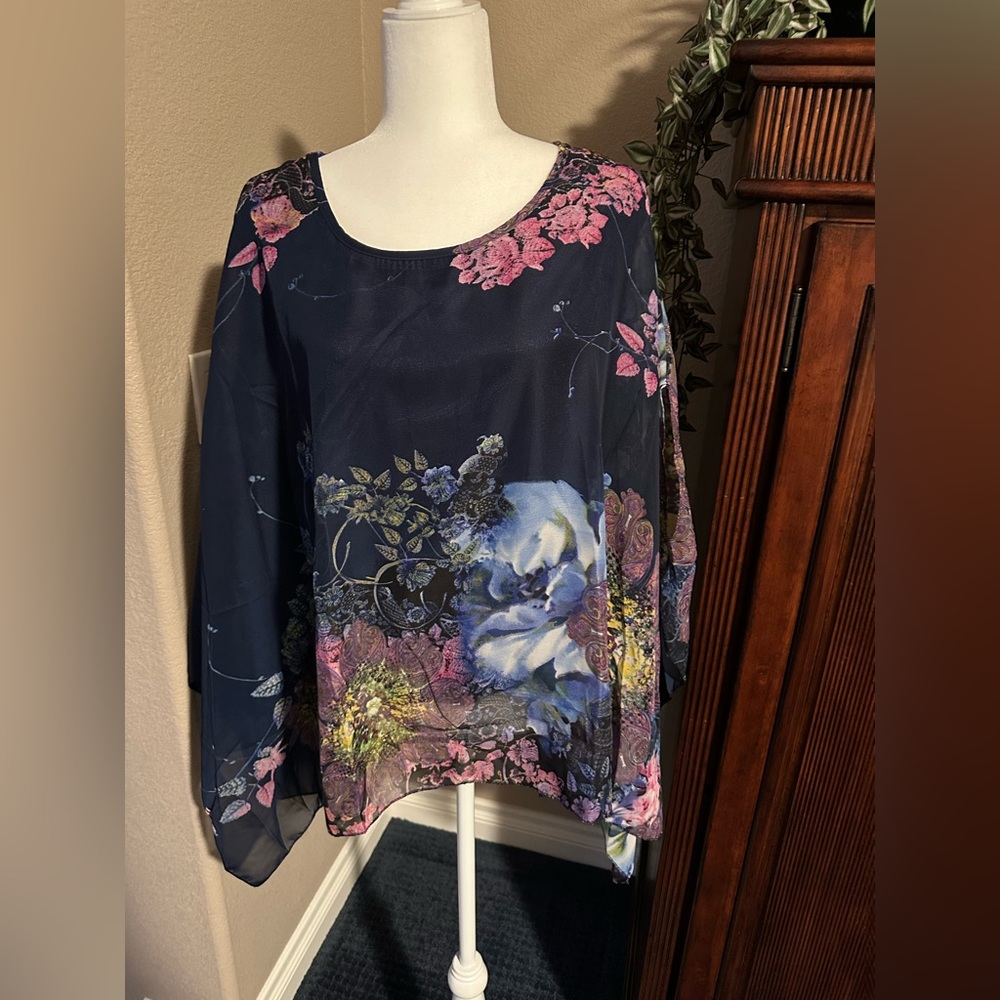 Floral Chiffon Women's Top - Navy Background